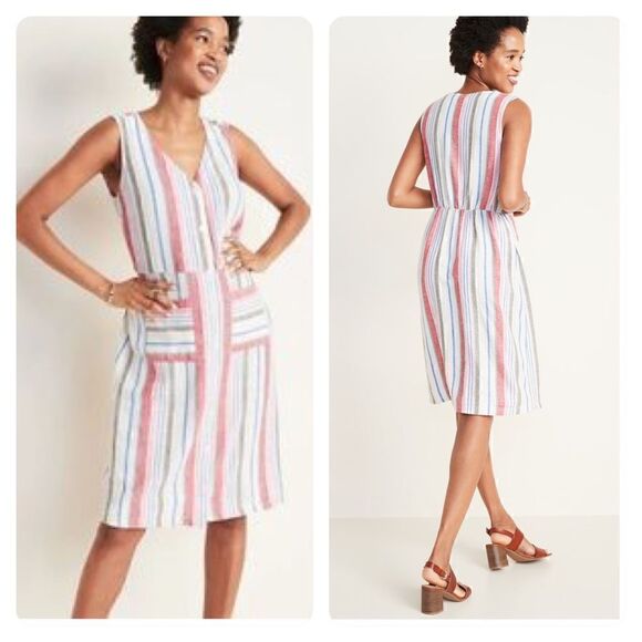 Old Navy Size Medium Linen Blend Sleeveless Striped Midi Dress Pockets - Picture 1 of 12